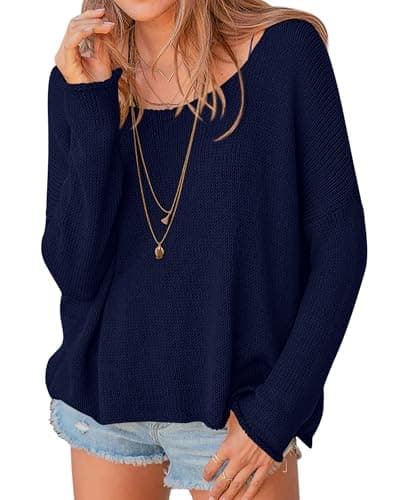 PRETTYGARDEN Women's Oversized Sweaters 2026 Casual Long Sleeve Scoop Neck Pullover Tops Loose Cozy Knit Spring Outfits(Navy Blue,Small)