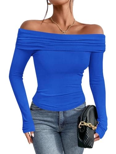 Imily Bela Womens Royal Blue Off Shoulder Top Trendy Bright Color Slim Fit Long Sleeve Y2K Going Out Top for Parties