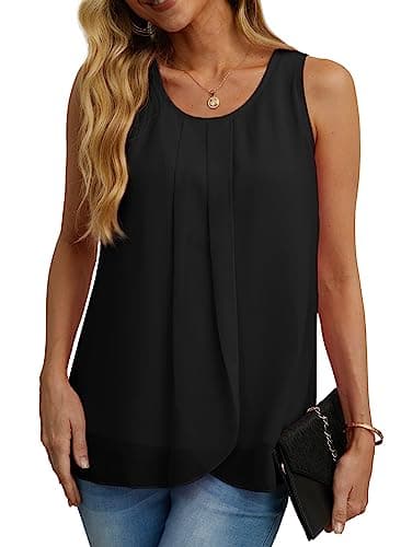 IWOLLENCE Chiffon Blouses for Women Double Layers Blouse Loose Round Neck Casual Loose Tank Tops Black X-Large