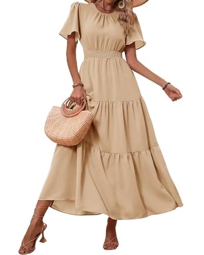 PRETTYGARDEN Women's Summer Casual Short Flutter Sleeve Round Neck Smocked Waist Tiered Boho Floral Flowy Maxi Dress(Solid Khaki,Small)