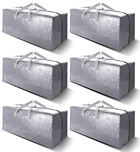 VELVETSURE Heavy Duty Extra Large Moving Bags W/Backpack Straps - Strong Handles & Zippers, Storage Totes For Space Saving, Fold Flat, Alternative to Moving Box and Storage Bin (Set of 6, Silver)