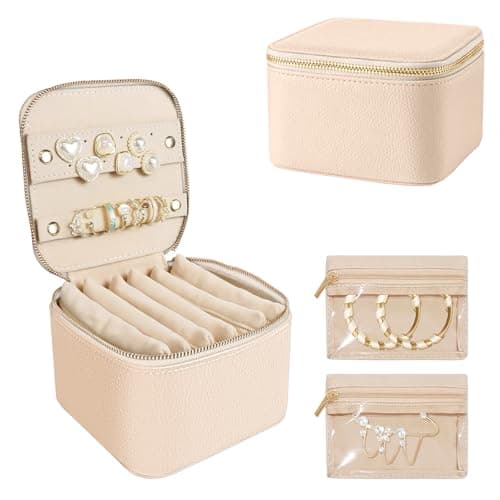 WOOMADA Travel Jewelry Case, Portable Jewelry Box with 6 Velvet Jewelry Zipper Pockets,Gift Idea for Women(beige)