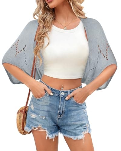 BB&KK Women's 3/4 Sleeve Summer Lightweight Cardigans Bolero Shrug Open Front Casual 2026 Trendy Cropped Sweaters Cover Ups Gray M