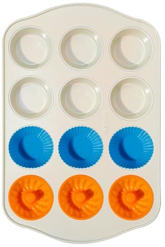 Ymiton Nonstick Muffin Pan with 12 Silicone Baking Cups, Carbon Steel Muffin Tin for Muffins, Cupcakes, Egg Bites and more, Non Toxic, Easy to Clean, Dishwasher Safe, Sunshine Cream