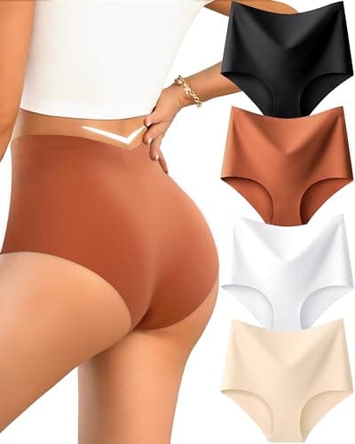 UNDER THE SEA Seamless Underwear for Women High Waisted V-shaped Back Briefs Soft No Show Womens Panties 4 Pack L