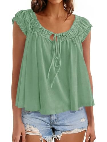 Beloyoni Womens Babydoll Tops Summer Tie Front Cap Sleeve Tank Top Dressy Casual Loose Fit Peplum Blouses Cute Flowy Shirts Light Green M