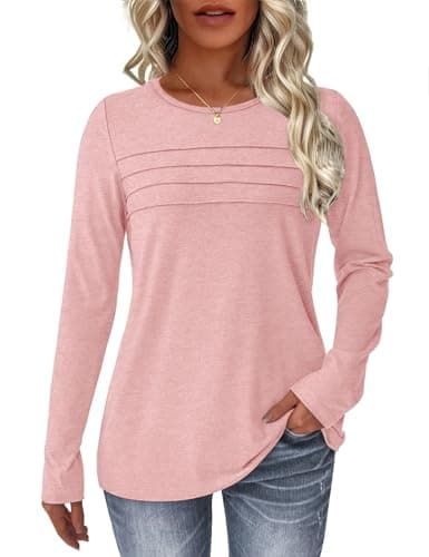 NORACORA Long Sleeve Tops for Women Fall Fashion 2025 Dressy Casual Crewneck Blouses Tshirts Trendy Pleated Tunic Shirts for Leggings Dusty Pink S