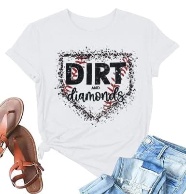 Baseball Shirts Women Softball Game Day T-Shirt Dirt and Diamonds Print Shirt Baseball Graphic Tee Tops White