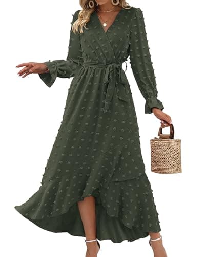 BTFBM Long Sleeve Maxi Dresses for Women V Neck Swiss Dot Boho Flowy Slit Cocktail Wedding Guest Dress Fall Clothes 2025(Army Green, X-Large)