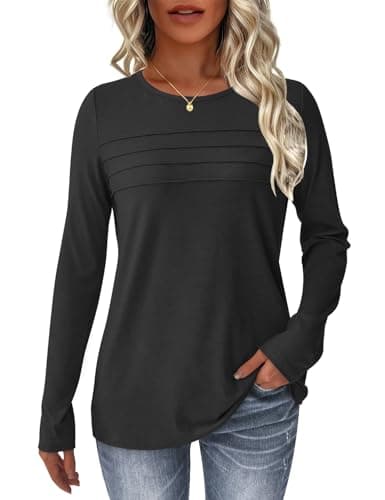 NORACORA Womens Tops Long Sleeve T Shirts Dressy Casual Spring Fall Outfits Pleated Front Shirts Round Neck Casual Tunic Basic Tee Tops Black L