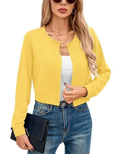 Heymoments Women Cropped Cardigan Bolero Shrug Yellow Large Button Down Long Sleeve Crewneck Casual Business Ladies Open Front Knit Lightweight Coat Fall Tops Sweater for Dresses Jean