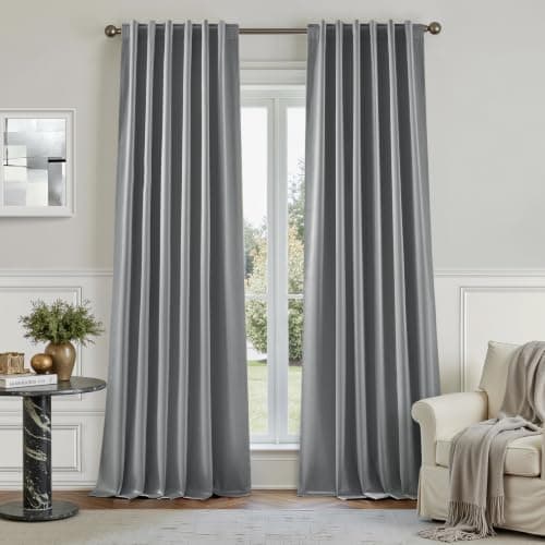HOMEIDEAS 100% Blackout Faux Silk Silver Grey Curtains 52W x 84L 2 Panels