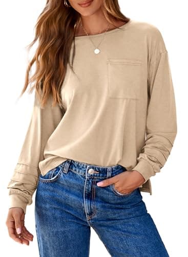 Dokotoo Spring Outfits for Women 2026 Crew Neck Long Sleeve Shirts Dressy Casual Side Slit Beige Tops Trendy Business Casual Womens Tops with Pocket Large