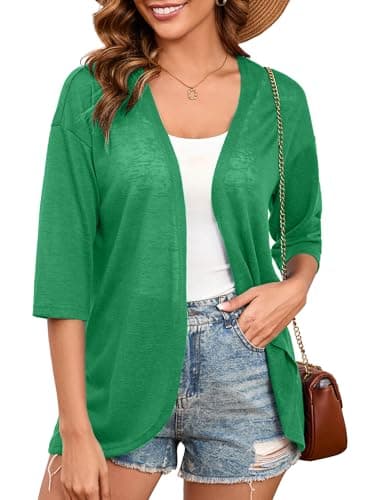Heymoments Cardigan for Women Green Medium Draped 3/4 Sleeve Open Front Lightweight Casual Soft Drape Summer Fall Kimonos Cardigans