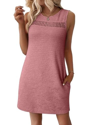 EVALESS Dresses for Women 2026 Spring Summer Casual Beach Dresses Fashion Sleeveless Cut-Out Mini Dress Crewneck Sundress Vacation Outfits with Pockets Rose X-Large