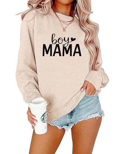 YHHR Mama Sweatshirts for Women Boy Mom Letter Print Long Sleeve Pullover Casual Crew Neck Fall Blouse Tops Apricot