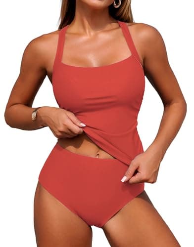 ZAFUL Swim Suit for Women 2025 Two Piece Swimsuit Womens Tankini Bathing Suits Tummy Control High Waist Swimwear for Women Coral Pink S