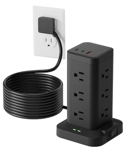 Tagzilo 15-in-1 Power Strip Tower with Surge Protector 1800J, Fast Charging Tower PD20W USB-C Ports with 12 AC Outlets, 9.8ft Extension Cord for Home Office Dorm Room, Black