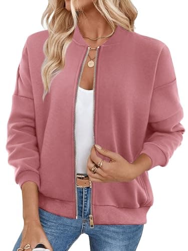 GEMLON Womens Zip Up Sweatshirts Jackets Long Sleeve Casual Loose Outwear with Pockets Dusty Pink 3XL