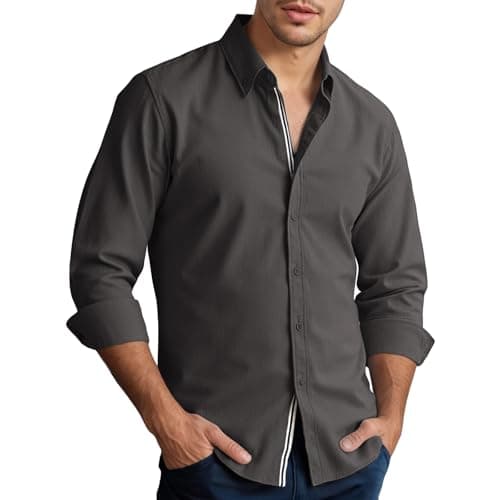 Men's Shirt Casual Stylish Long Sleeve Untucked Button Down Shirt Winter Spring Mens Dress Shirts Dark Gray