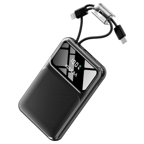 Kuulaa Portable Charger with Built in Cables 10000mAh, Slim Travel Power Bank with LED Display, 22.5W Fast Charging Battery Pack for iPhone 17 16 15 14 13 12 Android,Black