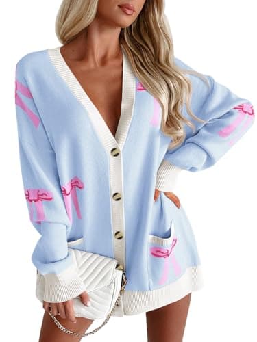 Saodimallsu Womens Oversized Cardigan Sweaters Bow Printed Button V Neck Long Sleeve Loose Knit Fall Trendy Coats Blue
