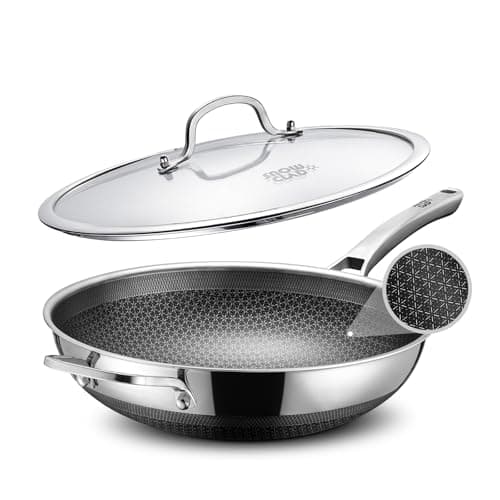 SNOWCLAD Wok, 13 Inch Hybrid Woks & Stir-fry Pans Nonstick, Non Toxic Stainless Steel Wok Pan with Lid, Dishwasher Induction Oven Broiler Safe, PFOA Free Cookware Non Stick