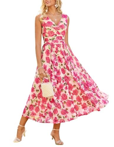 GRACE KARIN Women's Summer Sleeveless Maxi Dress V Neck Floral Wedding Guest Dress Beach Vacation Clothes Pink Floral XL