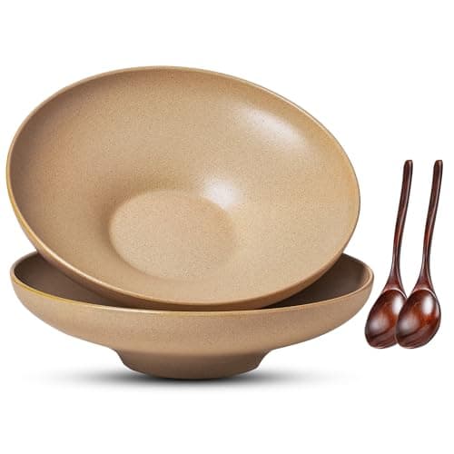 Caigmo Ceramic Serving Bowls with Wooden Spoons Set of 2, Large Serving Bowl for Dinner Salad Soup Pasta Dessert Fish Fruit Chicken Bread, Oven Dishwasher Safe, 50oz Bowl for Entertaining, 9.75"