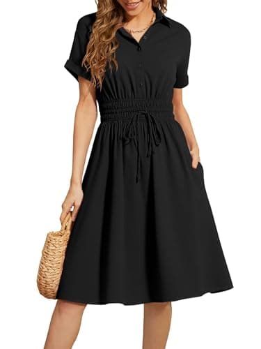 ECOWISH Spring Button Mini Shirt Dresses for Women V Neck Short Sleeve Petite Work Casual Smocked Empire Waist Dress Pockets Black Medium