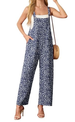 HiMONE Women's Summer Boho Casual Jumpsuits Wide Leg Overalls Floral Print Baggy Rompers with Pockets (Blue Small Flower-2XL)