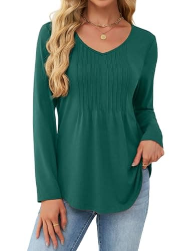 JUSTFASHIONNOW Shirts for Women Trendy Long Sleeve Tops V Neck Dressy Blouses Pleated Maternity Shirt Tunics Early Fall Fashion Christmas (Dark Green, Large)