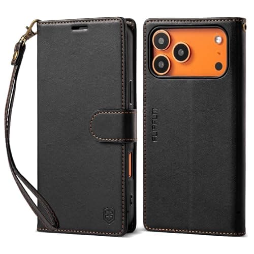 FLIPALM Wallet Case for iPhone 17 Series with Wrist Strap - PU Leather Folio Flip with Credit Card Holder & Kickstand, Protective Cover (Black, for iPhone 17 Pro)
