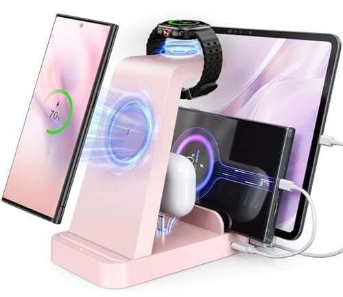5 in 1 Wireless Charger for Samsung, Wireless Charging Station for Multiple Devices, Fast Charger Stand for Samsung Galaxy S25 Ultra S24 S23 S22 S20 Note 20 10 Z Fold 7 6 Galaxy Watch 7 6 5 Buds, Pink