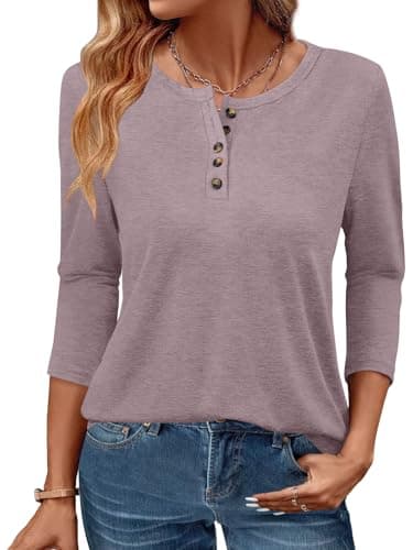 GKBK 3/4 Sleeve Womens Tops Fall Clothes Henley Casual Spring Summer Lightweight Basic Tunic Shirts Gray Purple