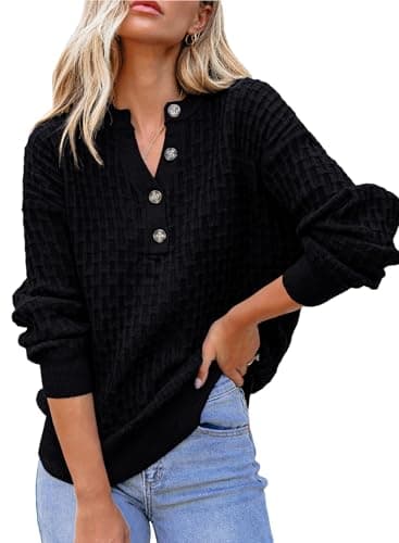Dokotoo Women Sweater Long Sleeve V Neck Henley Shirts Button Sweater Solid Color Ribbed Waffle Knit Tops Casual Loose Fit Pullover Jumper Cable Knit Oversized Sweaters for Women Fall Medium