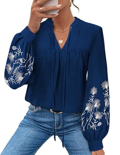 LOOKBOHO Boho Tops for Women Floral Embroidered Long Sleeve Peplum Blouses V Neck Tie Front Mexican Shirt Dressy Casual XXL