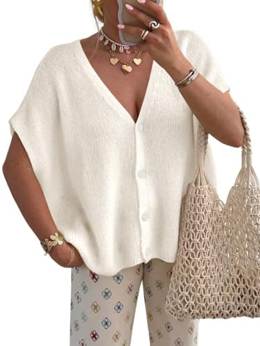 PRETTYGARDEN Batwing Short Sleeve Ribbed Knit Sweater Tops Oversized Button Up Shirt Women V Neck Light Weight Cardigan (White, Small)