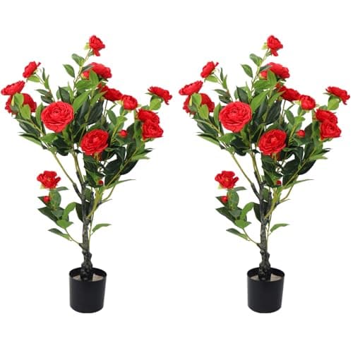 2 Pack Artificial Camellia Tree, 36" Red Faux Camellia Plant, Fake Indoor Outdoor Tree for Home, Office, Porch, Living Room, Red