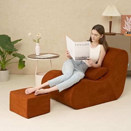 Hansleep Large Bean Bag Chair for Adults, Reading Chair with Ottoman Filled by High-Density Foam, Cozy Lazy Beanbag Lounger Sofa with Waist Support for Living Room, Bedroom, Office, Burnt Orange