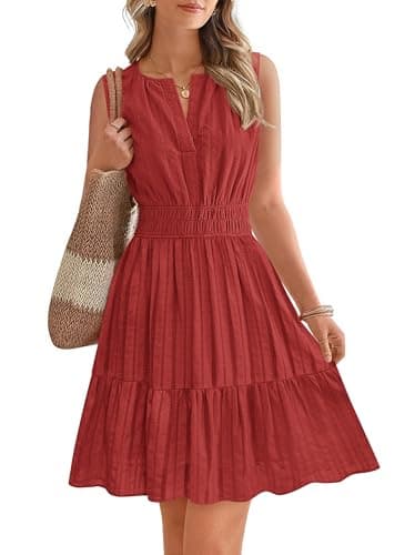 BTFBM Women’s Summer Dresses 2026 Sleeveless V Neck Casual Mini Dress Swing Boho A Line Beach Vacation Sundress Pockets(Red, X-Large)