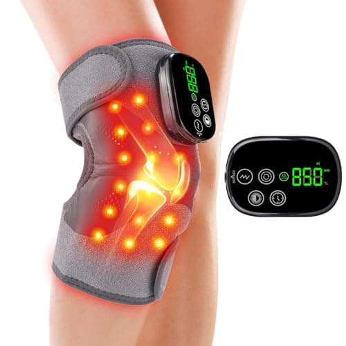 Knee Massager with Heat and Red Light Therapy and Vibration, 660nm & 850nm Infrared Red Light Therapy for Pain Relief, 5000mAh Protable Rechargeable Heated Brace for Knee, Joint, Elbow, Shoulder