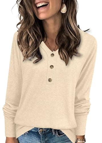 XMTOPYE Pullover for Women V Neck Long Sleeve Fall Tunic Lightweight Tops Apricot
