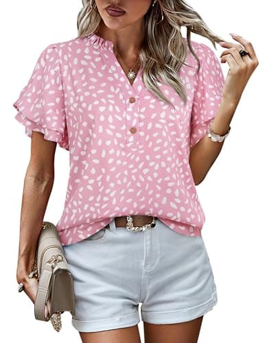 LOOKBOHO Blouse for Women Dressy Casual Ruffle Short Sleeve Boho Tops Fashion V Neck Pink Dot Button Down Shirts Summer S