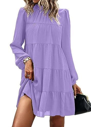 KIRUNDO Long Sleeve Baby Doll Dresses Women 2026 Casual Spring Summer Ruffle Mock Neck Tiered Mini Flowy Swing Shift Dress(Purple, Large)