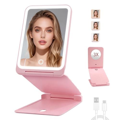 INFOOD Travel Makeup Mirror - Rechargeable LED Vanity Mirror 7.8x5 Inches with 1X/3X Magnifying, 3 Color Dimmable Light, Touch Screen, Foldable Design with Stand, Portable for Travel & Cosmetic, Pink