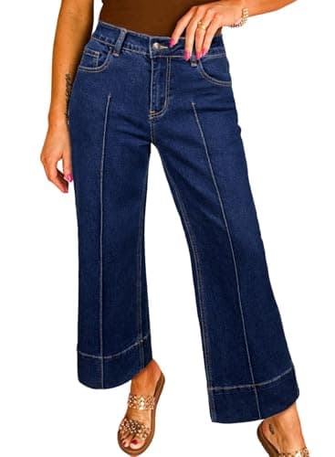 Astylish Women's Stretchy Breathable Flared Wide Leg High Waisted Jeans Tummy Control Trendy Casual Baggy Cropped Ankle Denim Pants Plus Size Spring Clothes Navy Blue Size 16