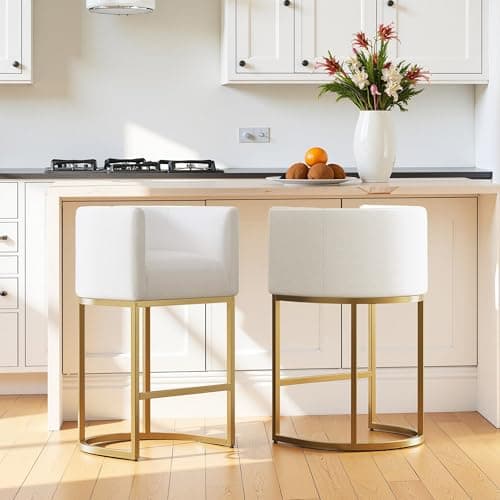 Styecofur Counter Height Bar Stools Set of 2, White and Gold Bar Stools, 26" Modern Barrel Counter Stools with Backrest and Arms, Linen Fabric Upholstered & Metal Base, for Kitchen Island and Bar