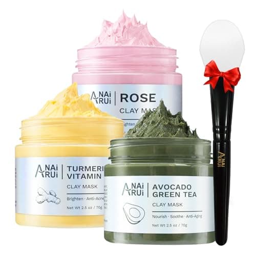 ANAI RUI 3 Pack Clay Mask Set Turmeric Vitamin C Clay Mask -Rose Facial Mask -Avocado Green Tea Mud Mask Smoothing, Hydration & Glow,Spa Gift Set, Self Care for Women Teens 2.5 oz Each
