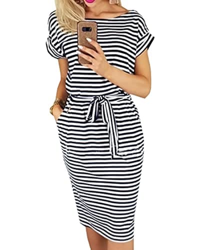 PRETTYGARDEN Women's Summer Short Sleeve Crewneck Striped Dress Basic Solid Tie Waist Office T Shirt Dresses Pockets(Stripe Black,Medium)
